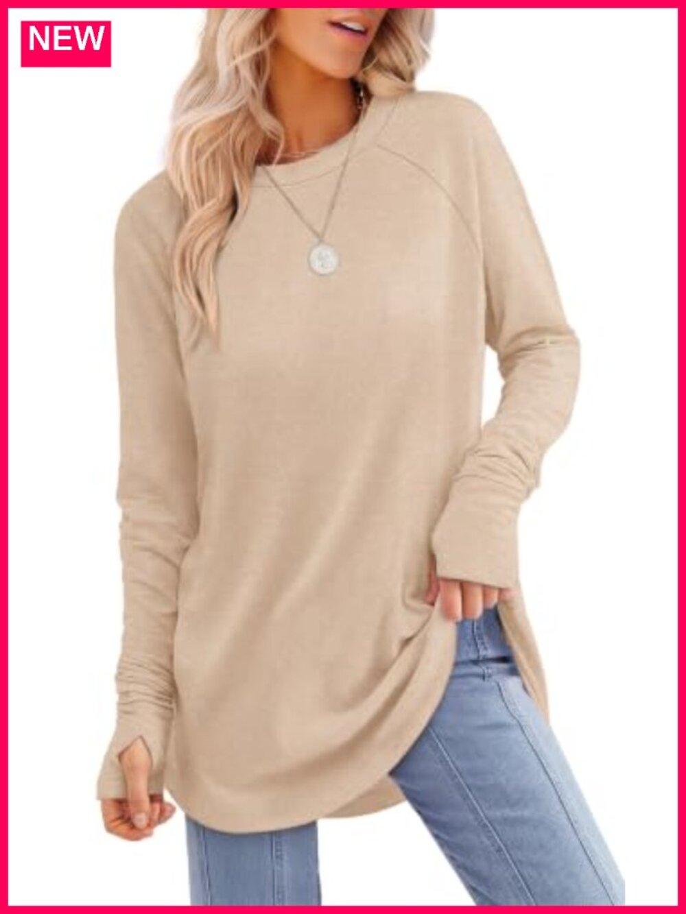 Womens Tunic Top Long Sleeve Thumb Hole Curved Hem Loose Fit Shirt